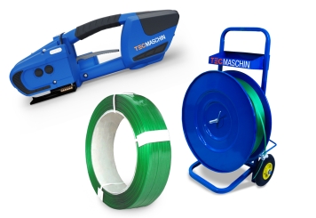 Set per reggiatura a batteria: carrello dispenser, reggiatrice con batteria di ricambio inclusa, PET reggia (realizzata al 99% con materiale riciclato), TecMaschin 