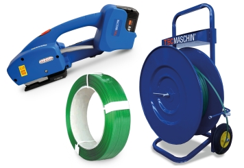 Set di reggiatura Experte: carrello avvolgitore, reggiatrice con batteria di ricambio inclusa, reggetta PET (realizzata al 99% con materiale riciclato), TecMaschin 